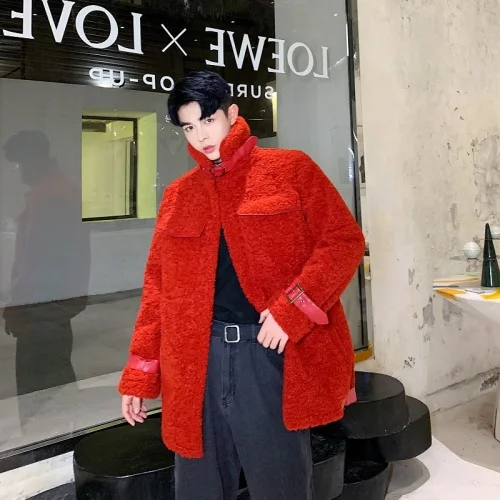 Мужская Зимняя Толстая свободная повседневная куртка со стоячим воротником, парка, кардиган, мужская уличная куртка из искусственной овечьей шерсти, верхняя одежда - Цвет: 9092 red