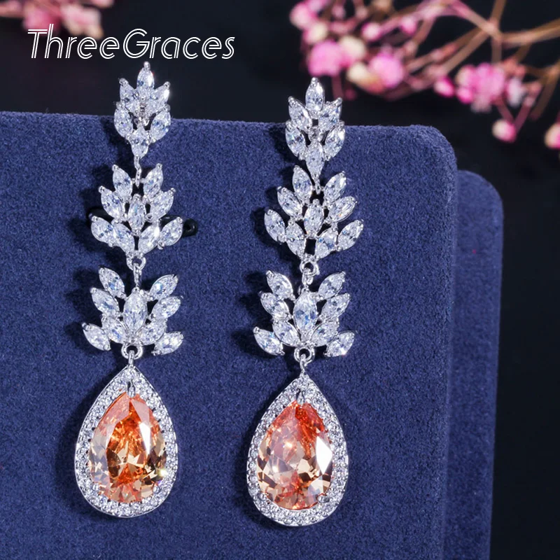 ThreeGraces свадебные длинные висячие серьги с шампанским CZ камнем в форме маркизы Большие капли воды Свадебные украшения для женщин ER293