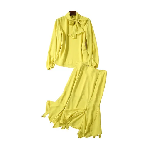 Hoge Kwaliteit Vrouwen Suits Kleding Lady Citroengeel Boog Kraag Lange Mouwen Blouses + Mermaid Rok Chiffon Casual 2 Stuk set Hoge Kwaliteit Vrouwen Suits Kleding Lady Citroengeel Boog Kraag Lange Mouwen Blouses + Mermaid Rok Chiffon Casual 2 Stuk set