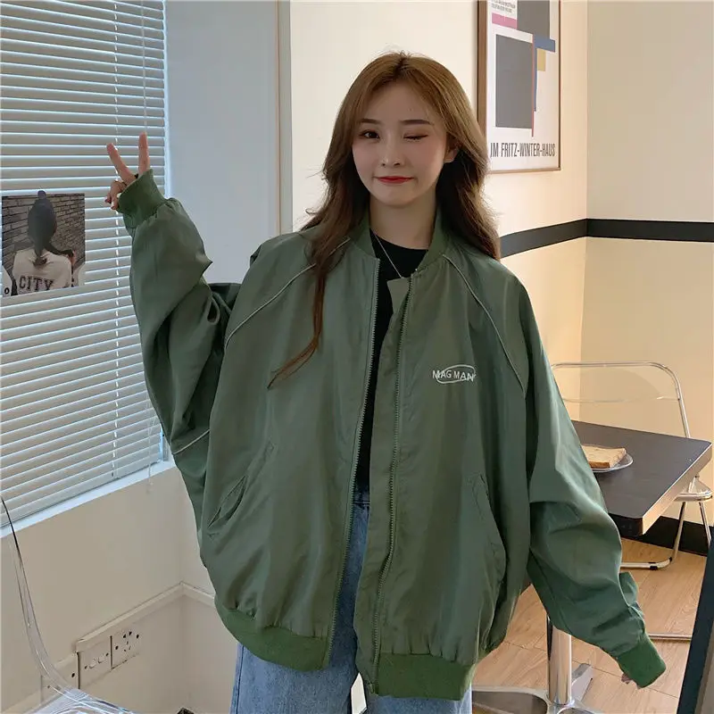 Осенняя бейсбольная униформа зеленая Женская куртка свободная Корейская пальто