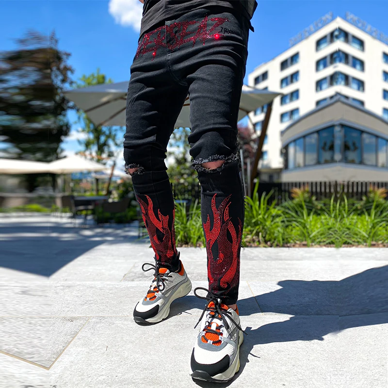 Men's Broken Hole Black Hot Drill Pencil Jeans Slim Men Street Punk Denim Pants Classic Cowboys Skinny Young Man Biker Trousers