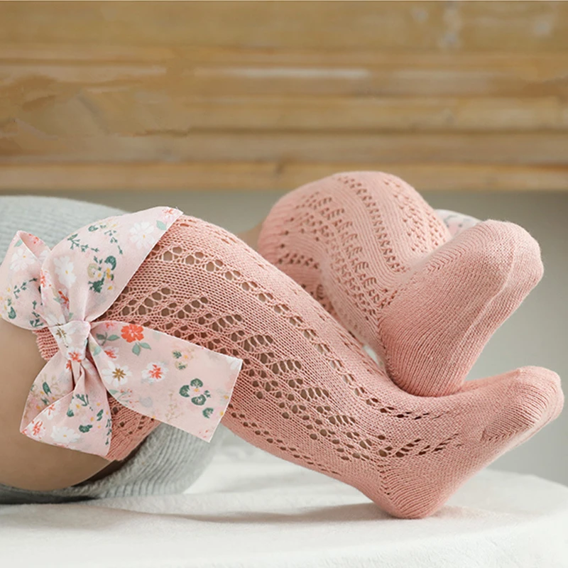 Summer Kids Socks floral big bow toddlers girls knee high long sock soft cotton hollow out baby socks mesh girl princess socken cotton socks children socks cotton knee socks