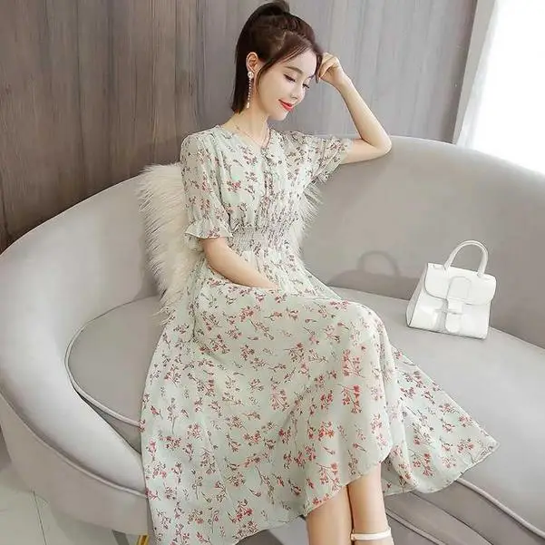 Summer Chic Women Floral Dress V Neck Flowers Print Bohemian Pink Green Midi ELegant Chiffon Maxi Long Ladies AE719 | Женская одежда