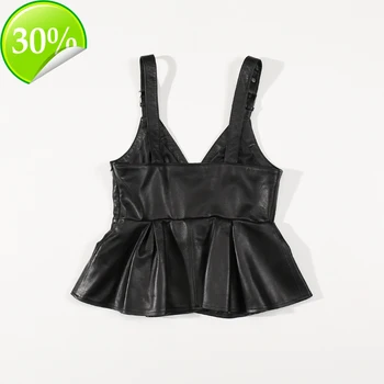 

Genuine Vest Women Leather Black Ruffle Slim Fit Korean Fashion Street Style Korean Fashion Casual Real Sheepskin Ladies Vests