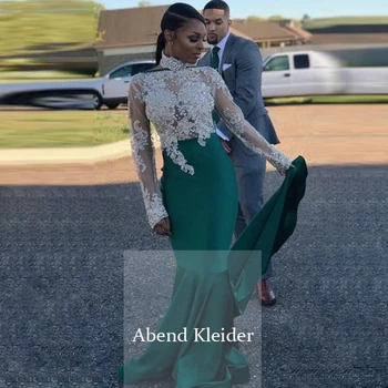 

Long Sleeves High Neck Green Prom Dresses 2020 Formal Evening Gowns robe de soiree