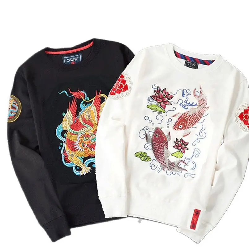 

Men's Top Sweat Shirt Brocade Carp Embroidery Sweatshirt Men Crewneck Long Sleeve Hoodies Korean Oversize Sukajan Pullovers 2023