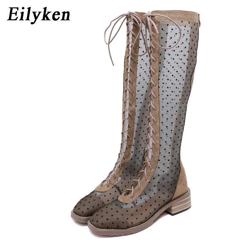 

Eilyken Thick Heel Knee High Autumn Women Boots Zipper Lace Up Fashion Cross Tied Casual Boots Ladies Shoes Size 35-40