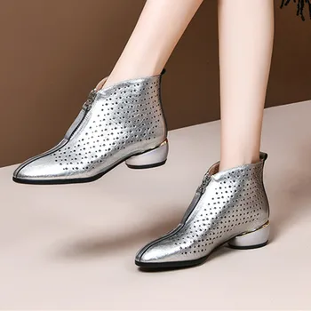 

2020 summer ladies ankle boots low heels casual sheos woman cut-outs genuine leather zippers ladies ankle boots large size 34-41