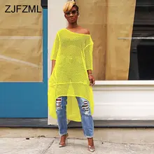 Сексуальное свободное платье в сеточку с вырезами, женское платье на одно плечо, полурукав, Прозрачное платье, летнее неоновое зеленое спереди короткое сзади длинное платье