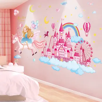 

[shijuekongjian] Cartoon Girl Unicorn Wall Stickers DIY Castle Clouds Wall Decals for Kids Bedroom Baby Room Home Decoration