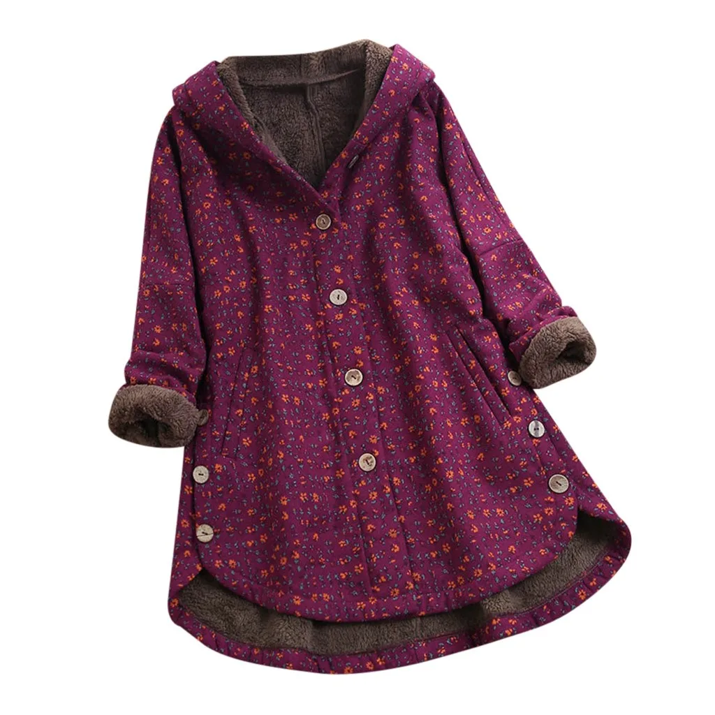 Женская зимняя теплая верхняя одежда цветочный принт с капюшоном карманы Винтаж Пальто оверсайз куртка кнопки для меха пальто Верхняя одежда женские пальто# J30 - Цвет: Red