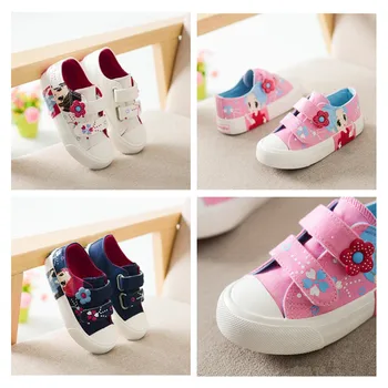 

Girls' Fashion Canvas Round Toe Rubber Soft Sole Shoes Comfortable Non-slip Kids Shoes Cartoon Floral Printed Hook Loop Shoes