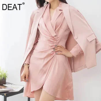 

DEAT 2020 new spring and summer asymmetrical single brasted drawstring high waist mini length dress silk fabric high quality