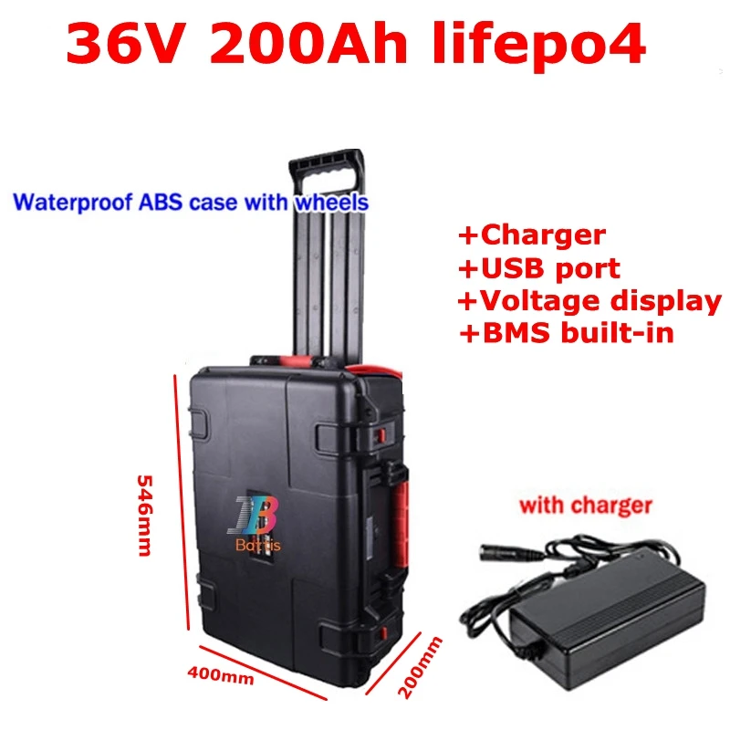 Lifepo4 е-байка 36В 200Ah 300Ah литиевая батарея с водонепроницаемым suitacase BMS 100A для троллингового мотора RV солнечные гольф-кары+ 20A Зарядное устройство