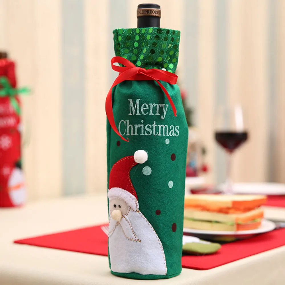 Christmas Sequins Wine Bottle Bag Xmas Santa Snowman Dinner Decor Cover Gifts