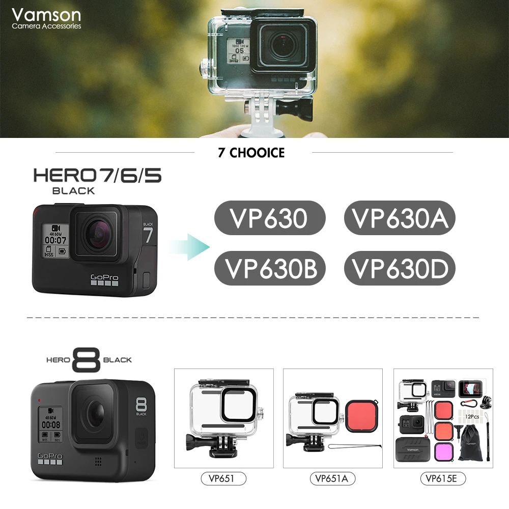 Водонепроницаемый чехол Vamson для Gopro Hero 8 7 6 5 черный Чехол 45 м подводной камеры