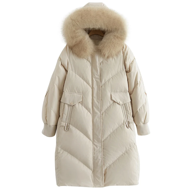

New Fault Code Down Jackets Overcoat Woman Long Overknee Even Hat Fox Hair Lead Loose Coat