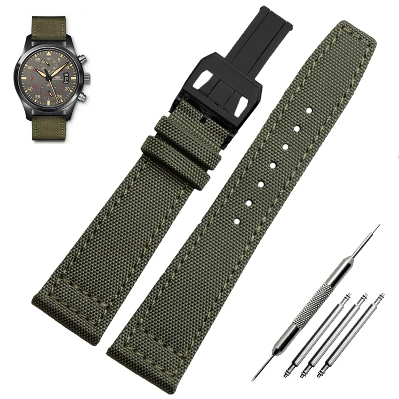 Green and Black Nylon Leather Watch Band Strap with Silver Pin Buckle - High Quality