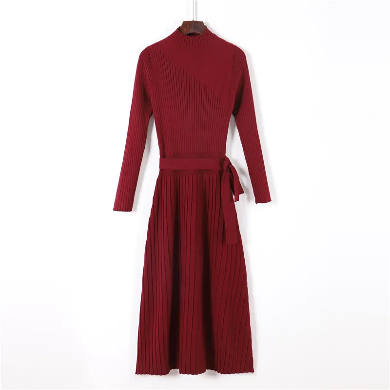 

2019 New Warm Long Sleeve Women Sweater Dress Thick Winter Woman Loose Dress Belt Solid Warm Autumn Knitting Cotton
