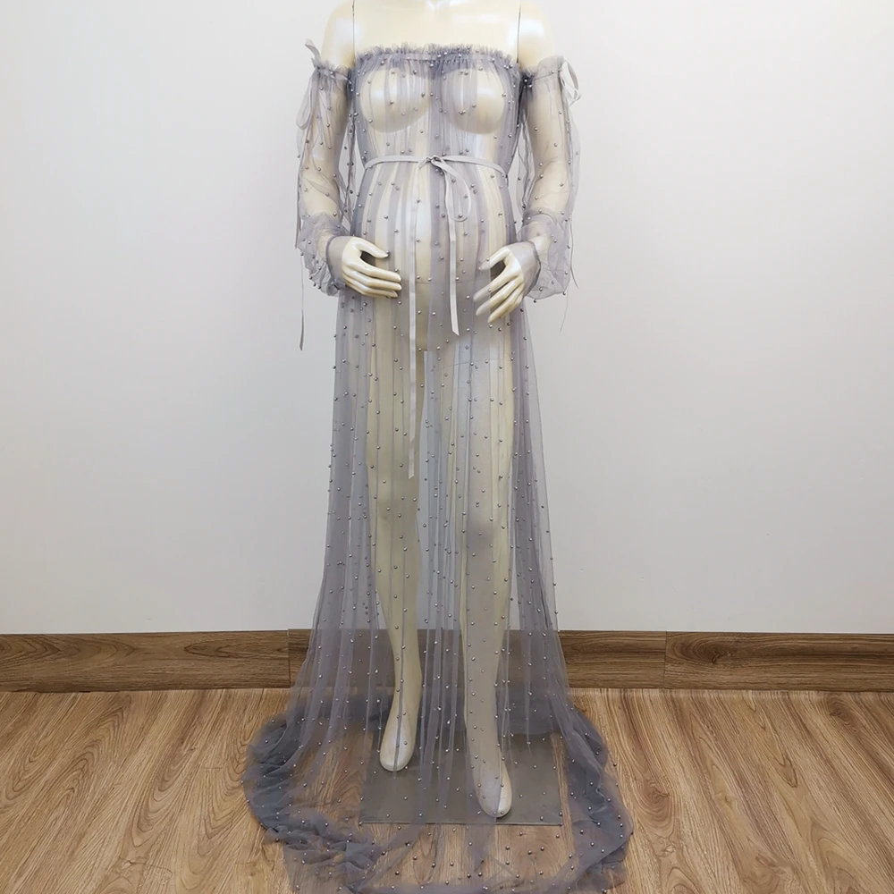 

Maxi Sexy Maternity Dress Photography Dress with Pearls Long Sleeves Tulle Dress Party Gown Baby Shower Dress for Fotografia