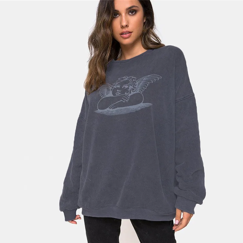 Харадзюку толстовка женская мода Ангел печатных Crewneck Свободные толстовки зима графический пуловер осень женская одежда