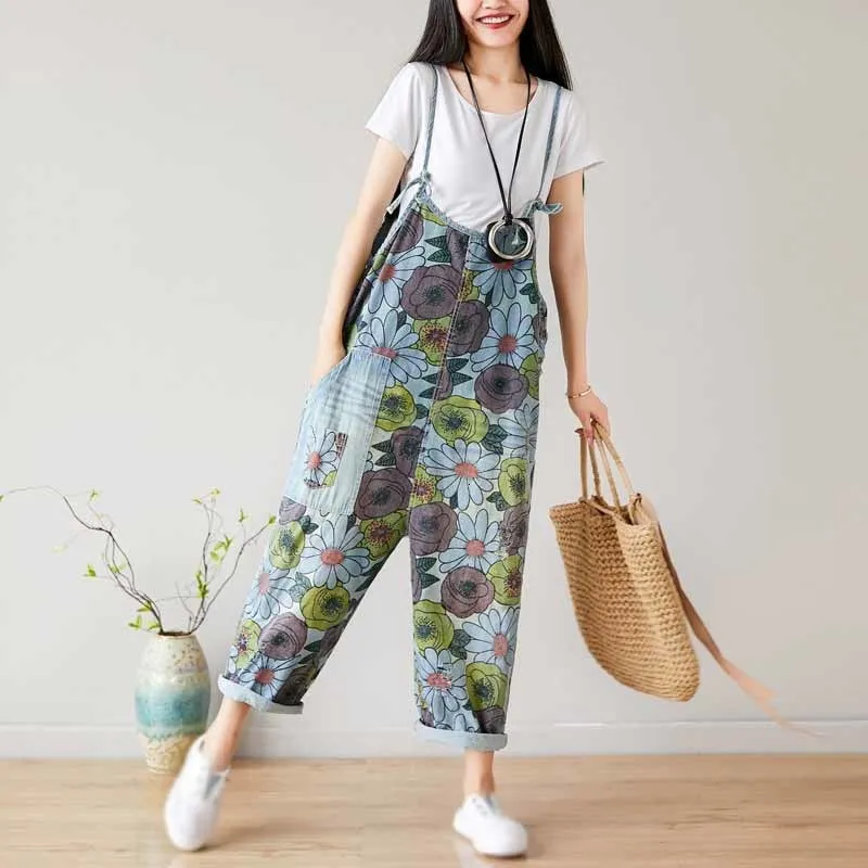 Vintage Women Pocket Harem Jumpsuit Loose Big Size Floral Printed Hole Overalls Summer Ripped Denim Long Romper