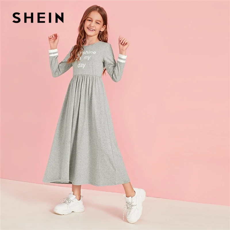 SHEIN/детское расклешенное платье макси в полоску с буквенным принтом и манжетами, осень, длинные платья трапециевидной формы с длинным рукавом и высокой талией