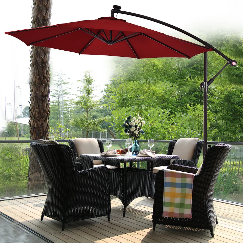 Costway 10 Hanging Solar Led Umbrella Patio Sun Shade Offset Market W Base Burgundy Umbrellas Aliexpress