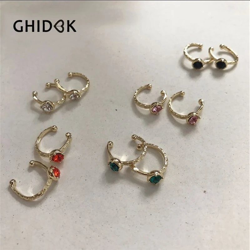 

GHIDBK Minimalist Colorful Rhinestone Clips on Earrings Dainty Statement Plain Ring Earrings for Women Handmade Summer Ear Cuffs