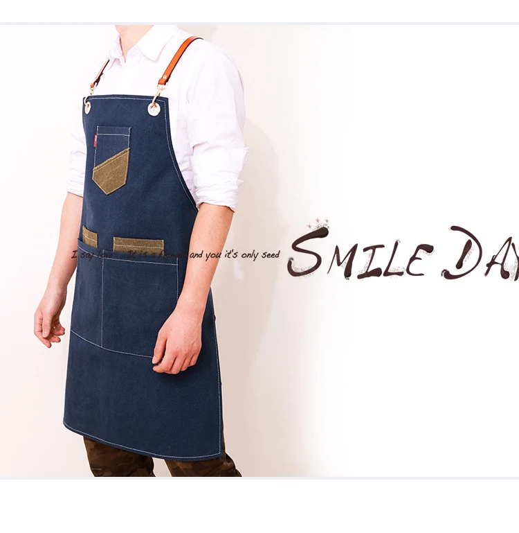 Delantal de trabajo de moda de para hombres de lona negro delantal babero ajustable cocina Delantales para mujer con bolsil