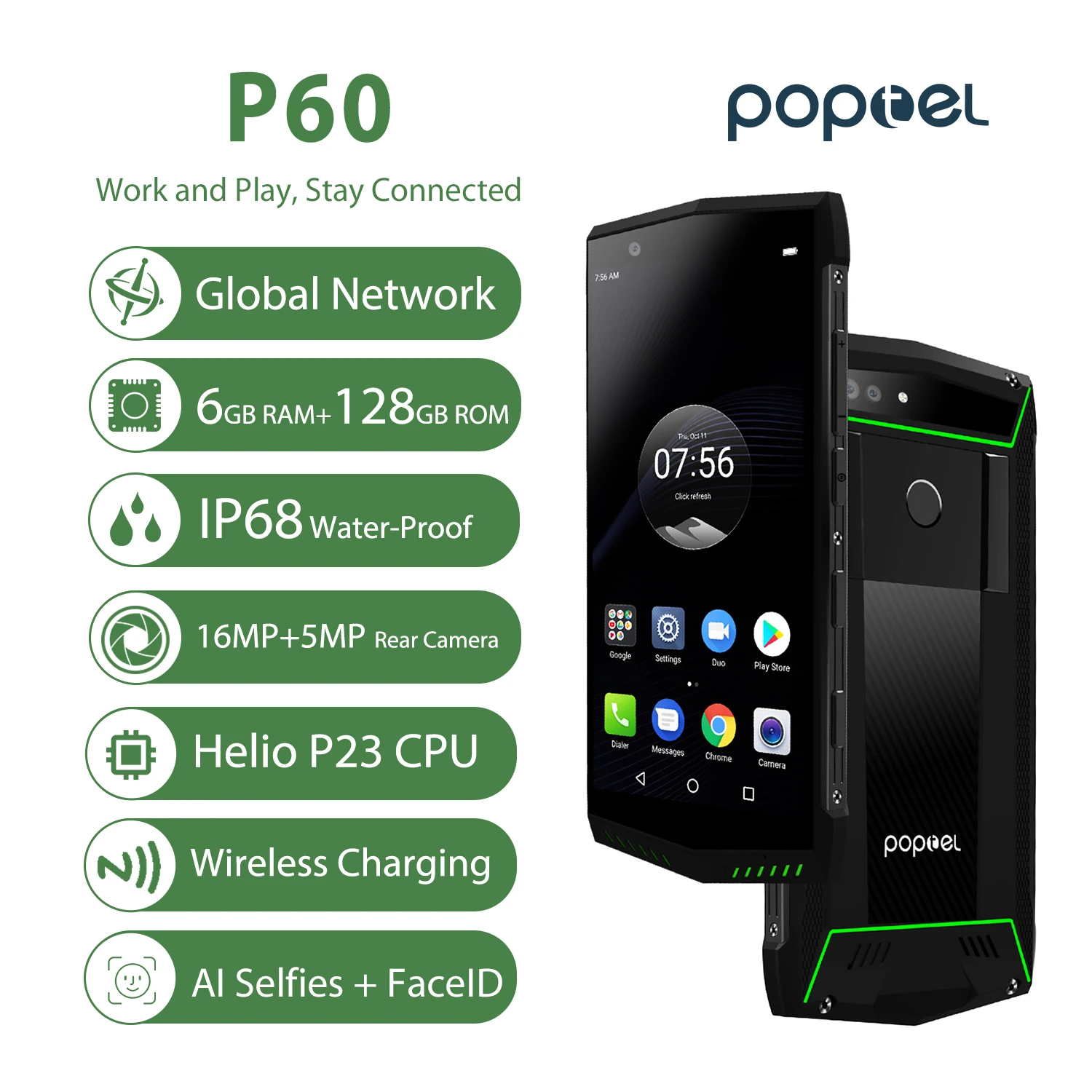 

Poptel P60 Face ID IP68 Waterproof Mobile Phone 5.7" Android 8.1 MTK6763 6GB+128GB 5000mAh Wireless Charge NFC Volte Ruggedphone