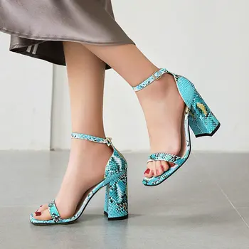 

2020 New Snake LU Leather Women Sandals Square High Heel Open Toe Women Shoes Buckle Strap Summer Ladies Shoes Big Size 43