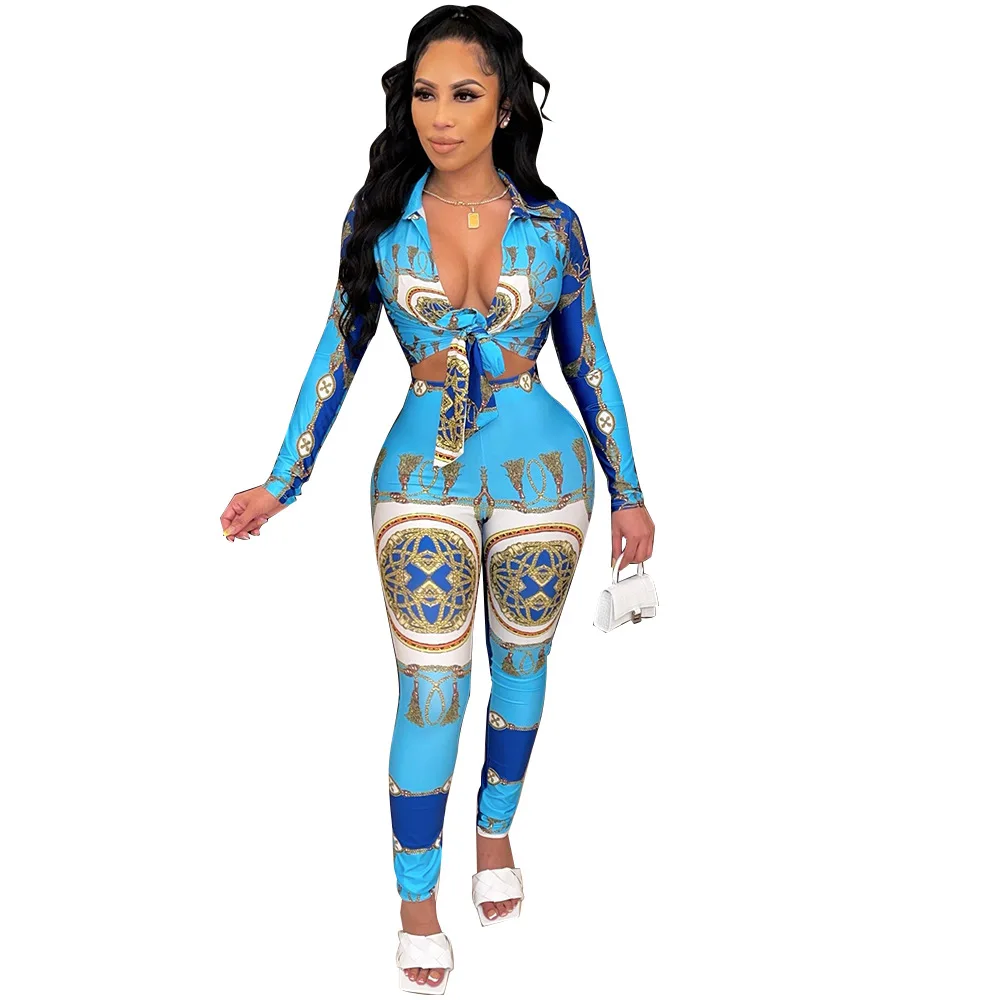 Fashion Casual Printing Two-piece Suit Long Sleeve Crop Top Femme 2 Piece Sets Womens Outfits Blue Matching Pants Sets 2021