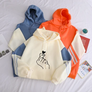 

Autumn Winter Hoodies Love Heart Gesture Print Fashion Sweatshirt Female Hoody Funny Contrast Color Patchwork Fleece Pullover