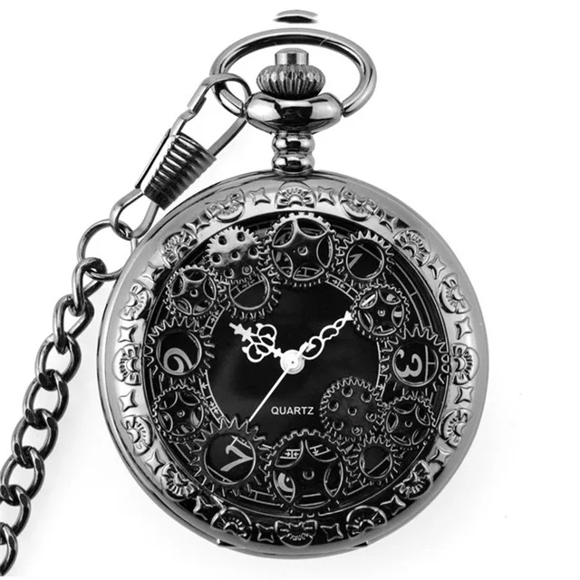 Gear Black Ретро гладкие мужские черные карманные часы Серебряный полированный кварцевые карманные часы брелок кулон с цепочкой - Цвет: Gear Black