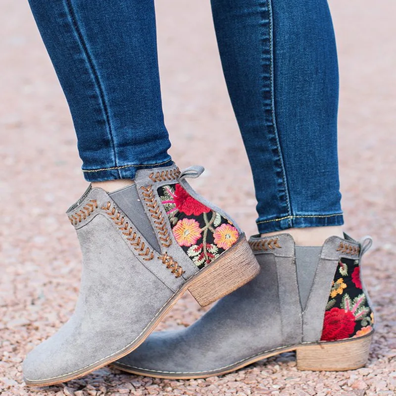 

LOOZYKIT Fashion Woman Pointed Toe Safety Boots Women Shoes Embroidery Synthetic PU Square High Heels Autumn Shoes Ankle Boots