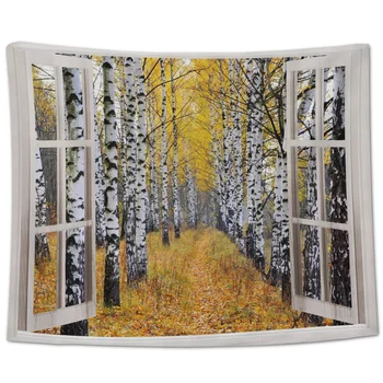 

Creative Window View Of Autumn Birch Landscape Tapestry Wall Decor Wall Art Home Art for Living Room Decoration