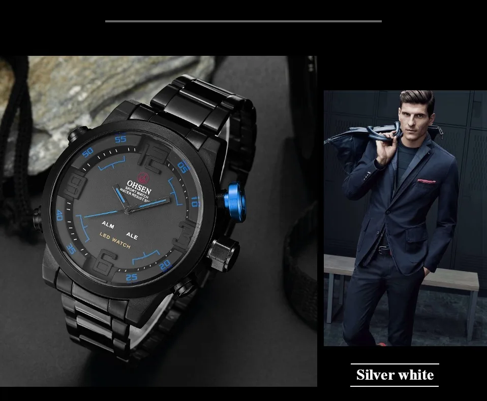 Ohsen цифровой бренд кварцевые мужские спортивные часы 3ATM водонепроницаемые черные полностью стальной ремешок модный светодиодный наручные часы в стиле милитари