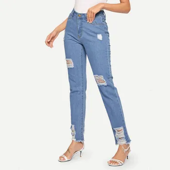 

Denim Jeans Pencil-Pants Hole Stretch Torn-Hole Sexy High-Waist Women Slim DM001