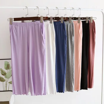 

Solid Color Loose Women's Cropped Trousers Pajamas Pants Summer Thread Knitting Plus Size Wide Leg Home Pants Pajama Pants