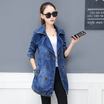 

Women Denim Double Breasted Trench Washed Jean Turn Down Collar Slim Fit Long Coat Female Casual Streetwear Trench Coats 3XL