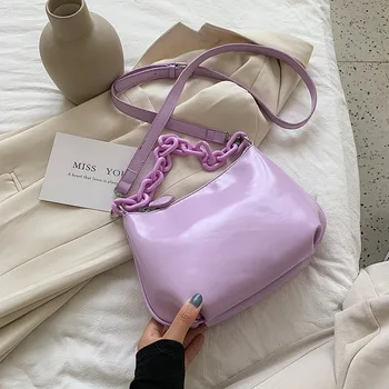 

New Simple Female Shoulder Bags Acrylic Chain Small PU Leather Crossbody Bags for Women Solid Color Ladies' Travel Flap Bags