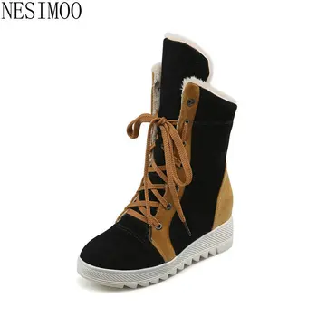 

NESIMOO 2021 Ankle Boots Mixed Color Flock Height Increasing Women Shoes Round Toe Winter Lace Up Keep Warm Snow Boots Size34-43