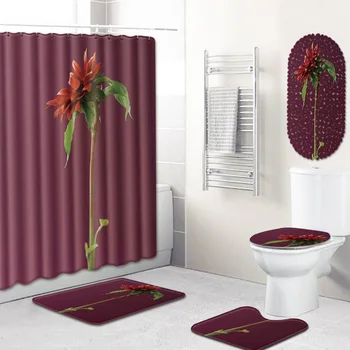 

Flower Bathroom Mat Waterproof Shower Curtain Five-Piece Toilet Carpet Kitchen Mat Mat
