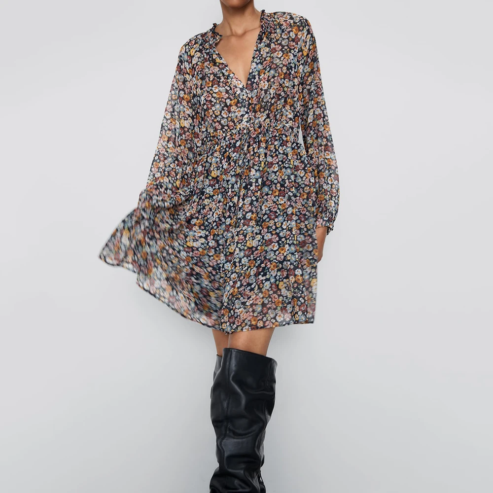 

2019 ZA Print Multicolor Dress for Women Draped V-Neck Long Sleeve Adjustable Strap Charm Temperament Autumn Style Dress