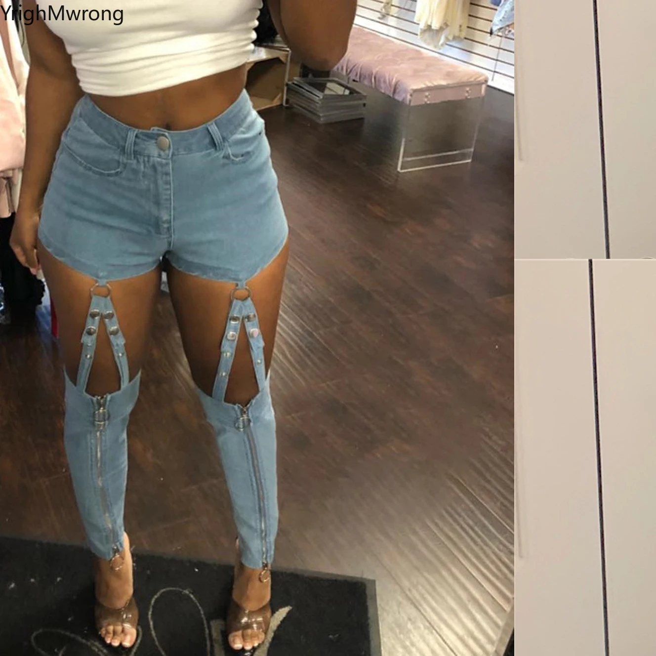 

High Waist Thin Denim Bandage Pencil Punk Leg Ring Zipper Rivet Strap Hollow Sexy Gothic Harajuku Streetwear Pant Jeans Women