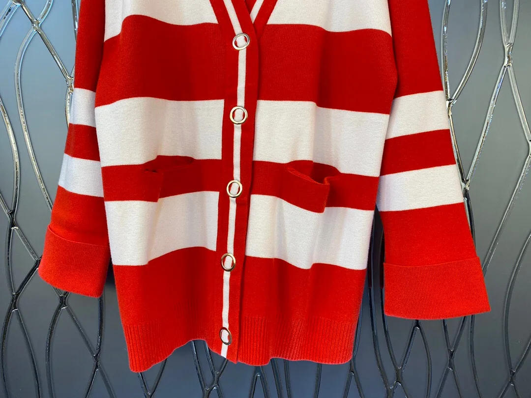 Winter New Fashion Casual V-neck Long Sleeve Stripe Oversized Knitted Cardigan Sweater Women Free Shipping Worldwide