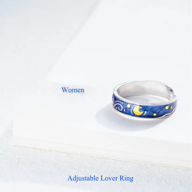 Qevila, Новое поступление, S925 Серебряные Кольца для женщин и мужчин, Ван Гог, звездная ночь, луна, регулируемое кольцо для влюбленных, свадебные подарки - Цвет основного камня: Women