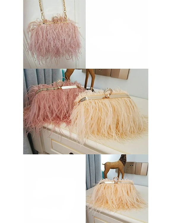 2022 Luxury Ostrich Feather Party Evening Clutch Bag Women Wedding Purses and Handbags Small Shoulder Chain Bag Designer Bag