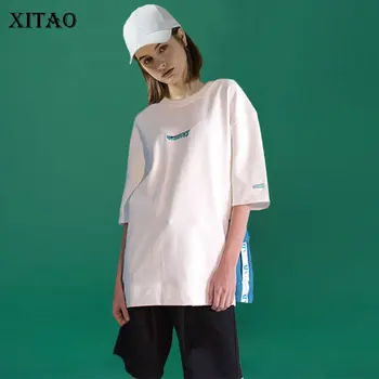

XITAO Tide Fashion Letter Print T Shirt Hit Color Pocket Women Clothes 2020 Summer Pullover Short Sleeve Elegant Tee DMY3900